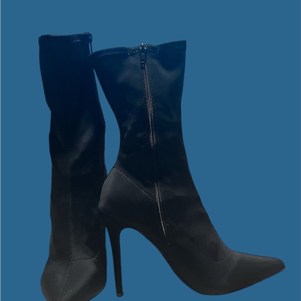 Chic Black Olivia Fargiano Maybel Lycra Stiletto Boots-Size 10